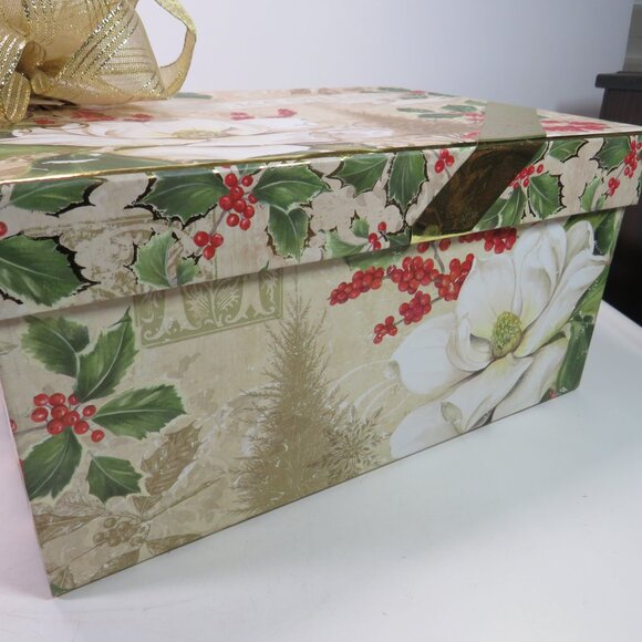 Large Peace on Earth gift box with Gold wired ribbon bow Holiday Winter - Picture 6 of 14